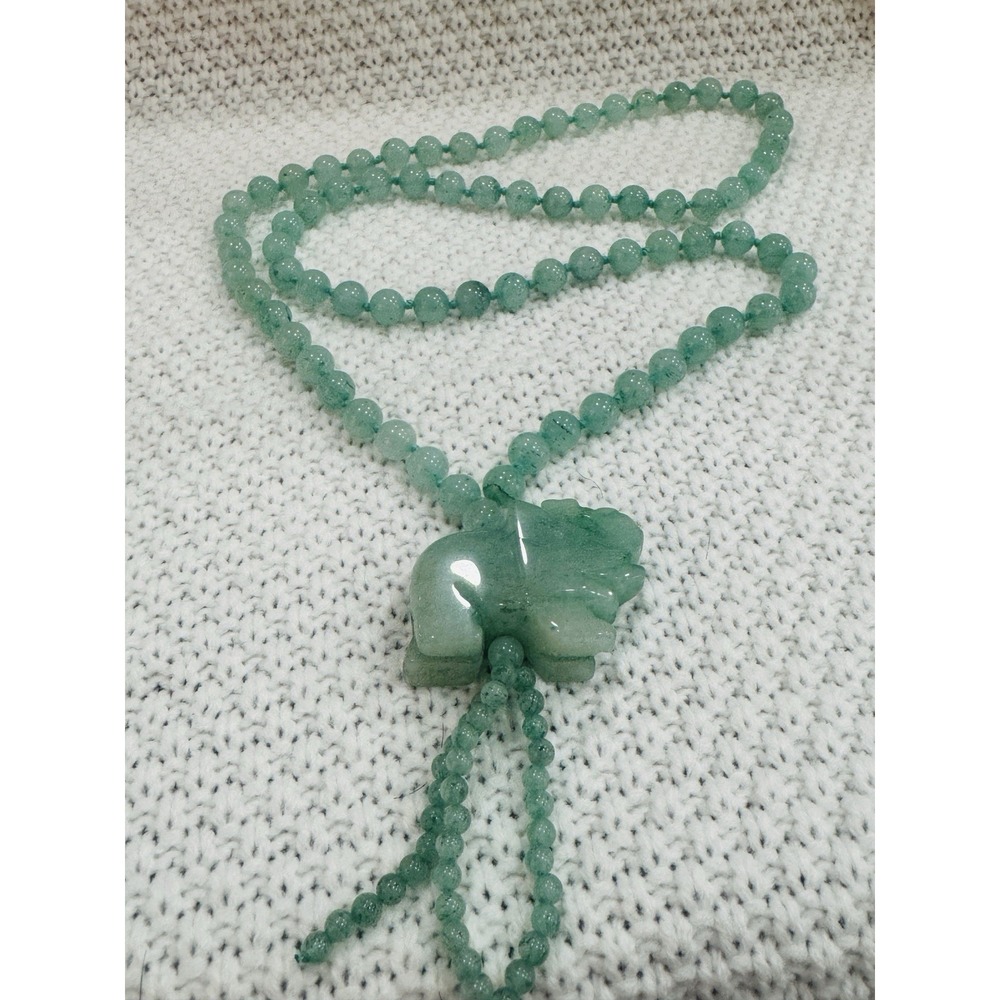 Vintage Green Stone 28" Knotted Bead Carved Elephant Tassel Necklace